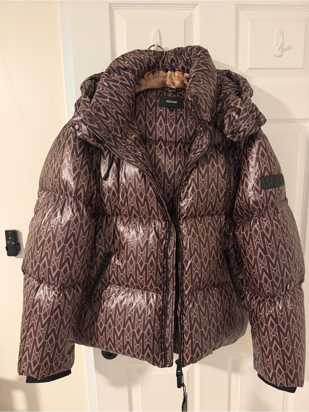 100% Authentic Mackage Brown Monogram Puffer Jacket with Hood - Picture 3 of 14